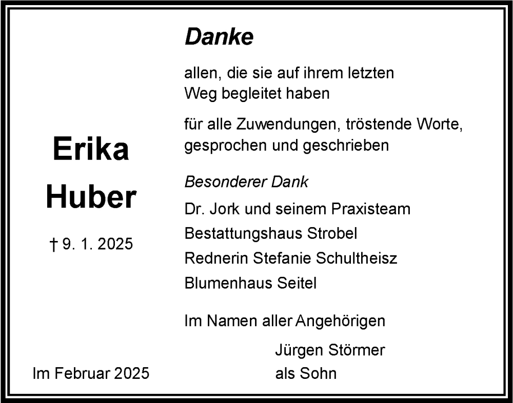  Traueranzeige für Erika Huber vom 08.02.2025 aus Bietigheimer Zeitung