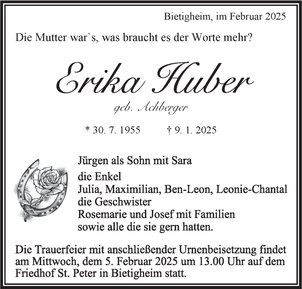  Traueranzeige für Erika Huber vom 04.02.2025 aus Bietigheimer Zeitung