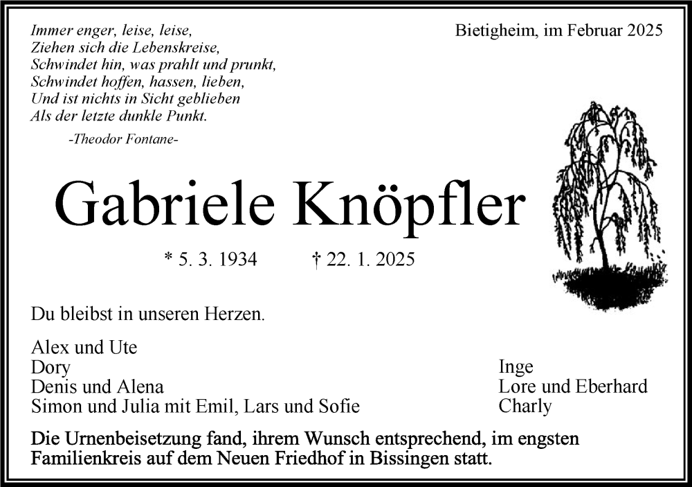  Traueranzeige für Gabriele Knöpfler vom 22.02.2025 aus Bietigheimer Zeitung