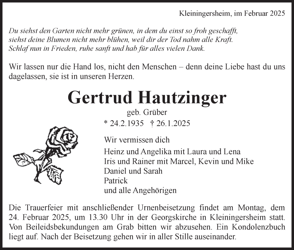  Traueranzeige für Gertrud Hautzinger vom 18.02.2025 aus Bietigheimer Zeitung
