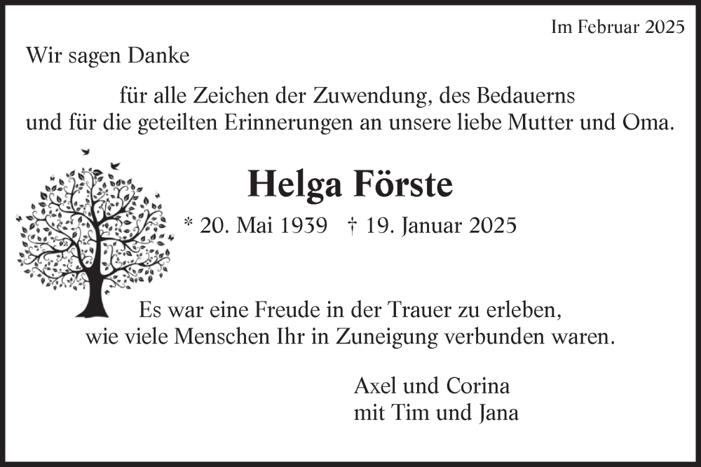  Traueranzeige für Helga Förste vom 13.02.2025 aus Bietigheimer Zeitung