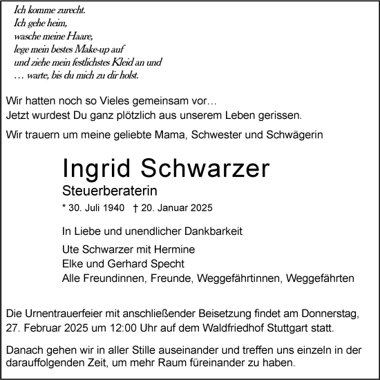 Traueranzeige von Ingrid Schwarzer von Bietigheimer Zeitung