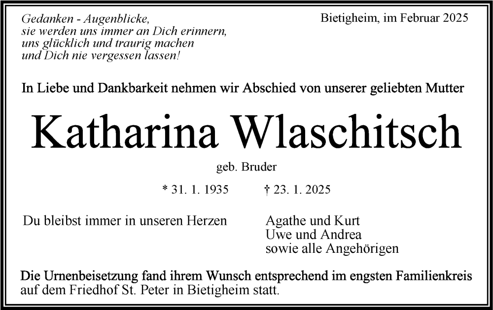  Traueranzeige für Katharina Wlaschitsch vom 20.02.2025 aus Bietigheimer Zeitung