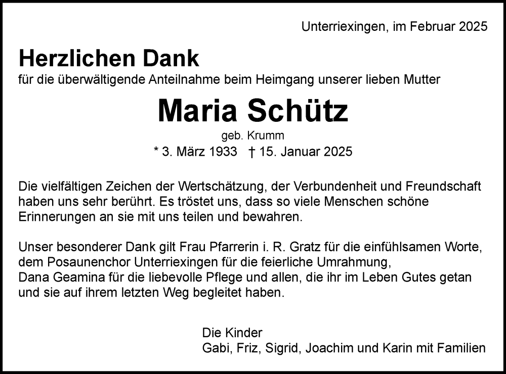  Traueranzeige für Maria Schütz vom 15.02.2025 aus Bietigheimer Zeitung