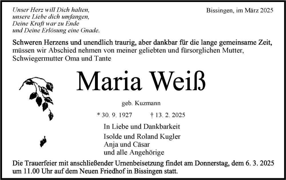  Traueranzeige für Maria Weiß vom 01.03.2025 aus Bietigheimer Zeitung