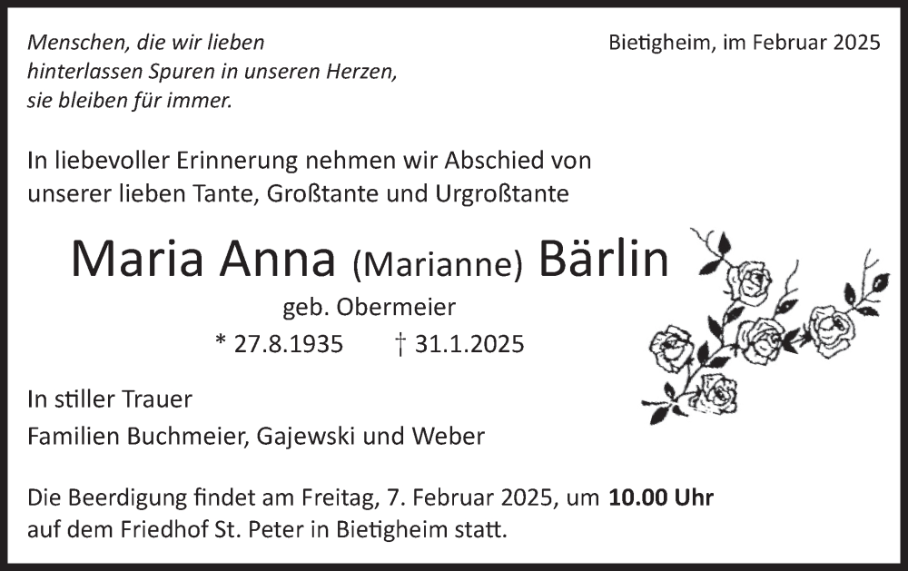  Traueranzeige für Maria Anna Bärlin vom 05.02.2025 aus Bietigheimer Zeitung