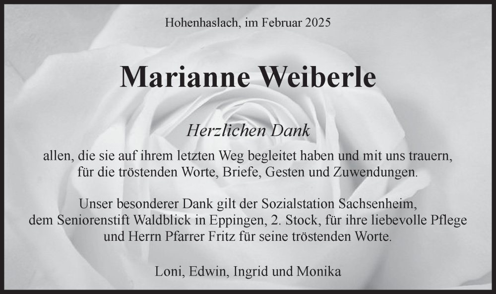  Traueranzeige für Marianne Weiberle vom 26.02.2025 aus Bietigheimer Zeitung
