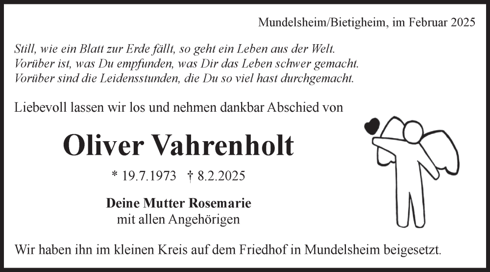  Traueranzeige für Oliver Vahrenholt vom 22.02.2025 aus Bietigheimer Zeitung