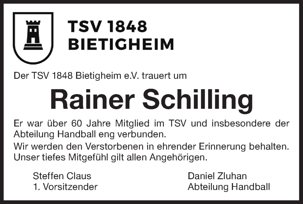  Traueranzeige für Rainer Schilling vom 22.02.2025 aus Bietigheimer Zeitung
