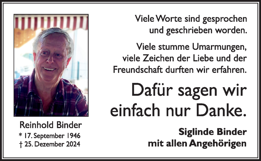  Traueranzeige für Reinhold Binder vom 08.02.2025 aus Bietigheimer Zeitung