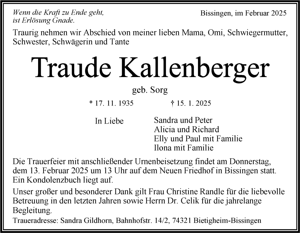  Traueranzeige für Traude Kallenberger vom 08.02.2025 aus Bietigheimer Zeitung