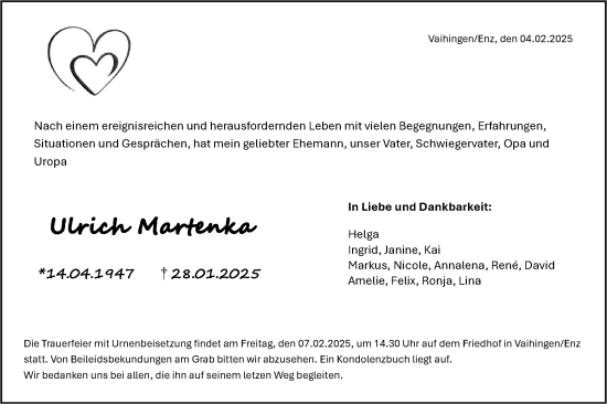 Traueranzeige von Ulrich Martenka von Bietigheimer Zeitung