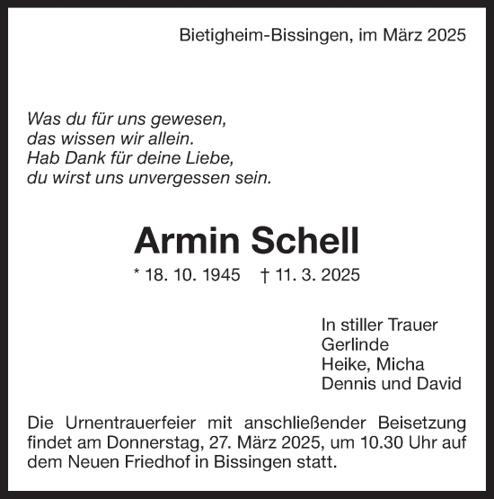Traueranzeige von Armin Schell von Bietigheimer Zeitung