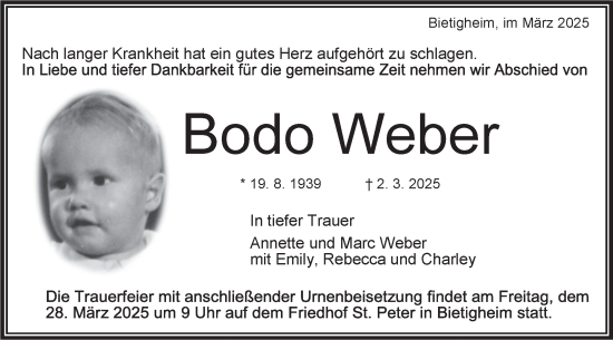 Traueranzeige von Bodo Weber von Bietigheimer Zeitung