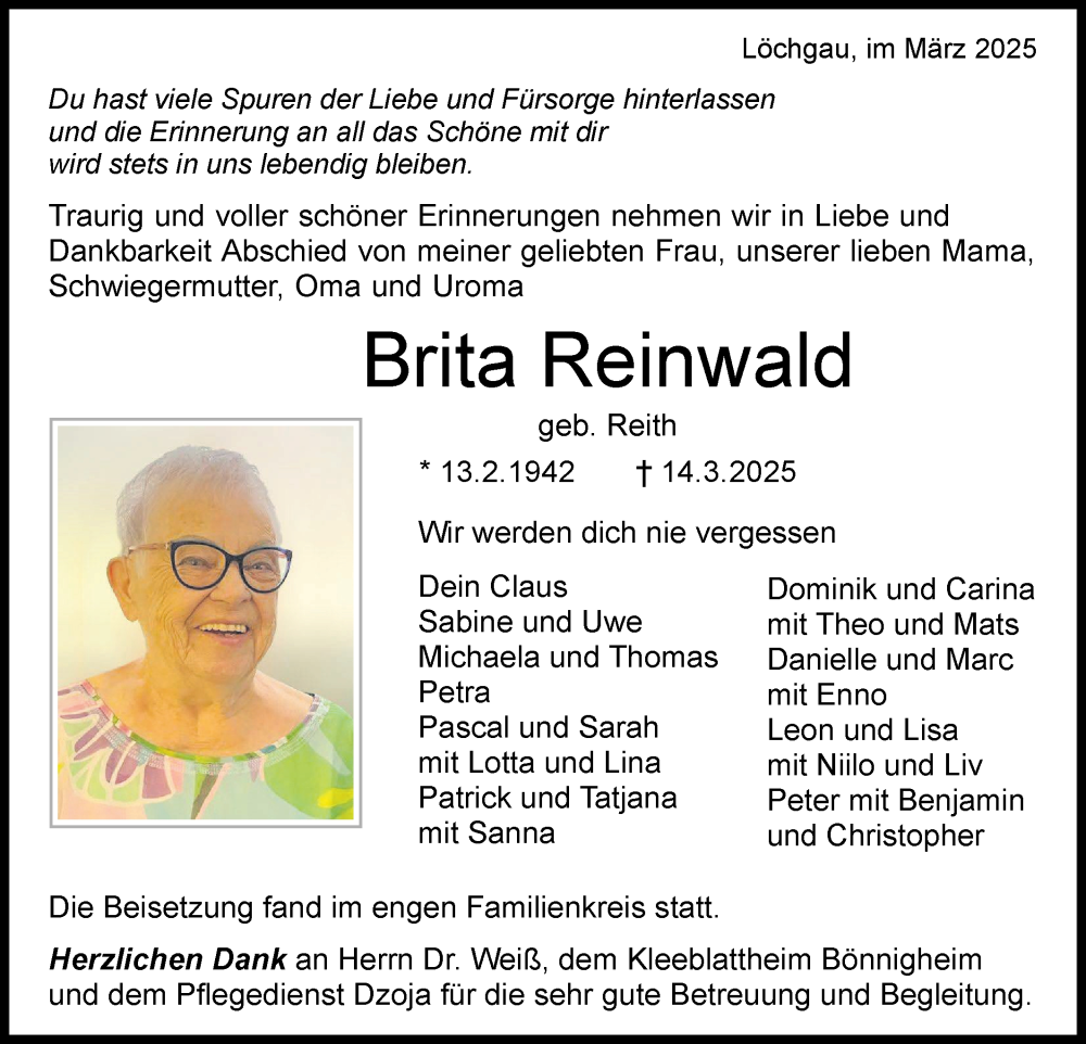  Traueranzeige für Brita Reinwald vom 29.03.2025 aus Bietigheimer Zeitung