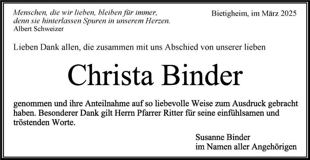  Traueranzeige für Christa Binder vom 07.03.2025 aus Bietigheimer Zeitung