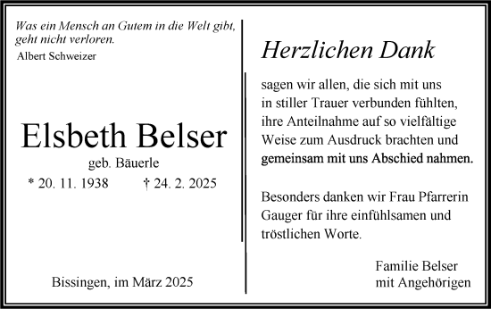Traueranzeige von Elsbeth Belser von Bietigheimer Zeitung