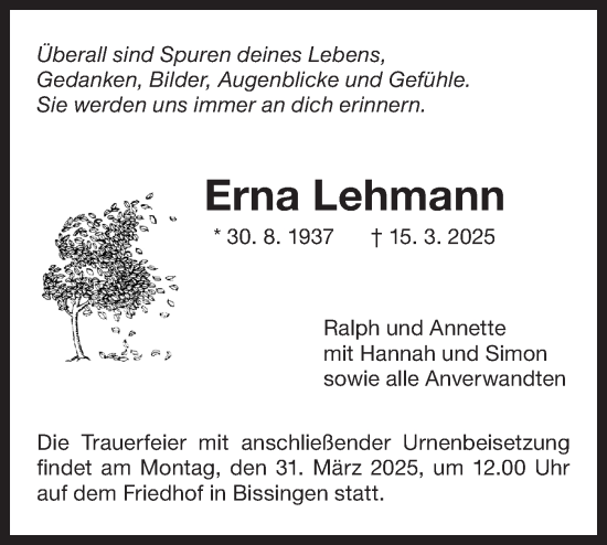 Traueranzeige von Erna Lehmann von Bietigheimer Zeitung