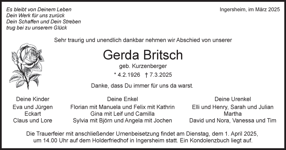  Traueranzeige für Gerda Britsch vom 29.03.2025 aus Bietigheimer Zeitung