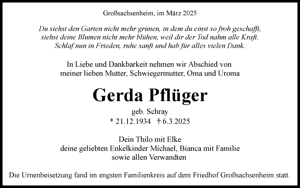  Traueranzeige für Gerda Pflüger vom 28.03.2025 aus Bietigheimer Zeitung