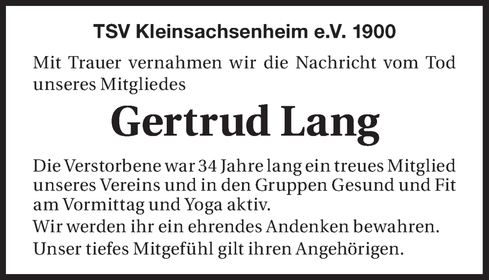  Traueranzeige für Gertrud Lang vom 04.03.2025 aus Bietigheimer Zeitung