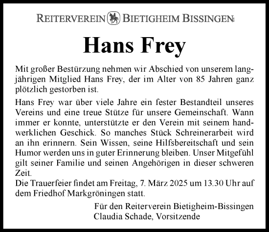 Traueranzeige von Hans Frey von Bietigheimer Zeitung