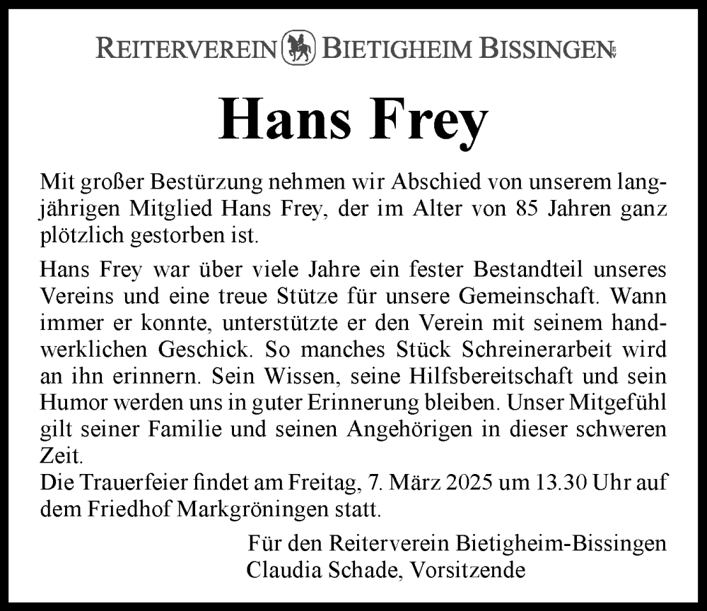  Traueranzeige für Hans Frey vom 05.03.2025 aus Bietigheimer Zeitung