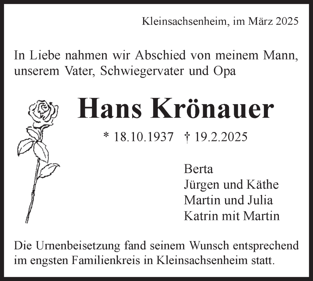  Traueranzeige für Hans Krönauer vom 08.03.2025 aus Bietigheimer Zeitung