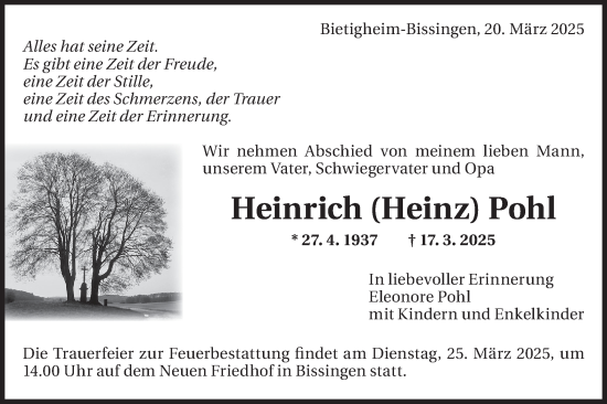 Traueranzeige von Heinrich  Pohl von Bietigheimer Zeitung
