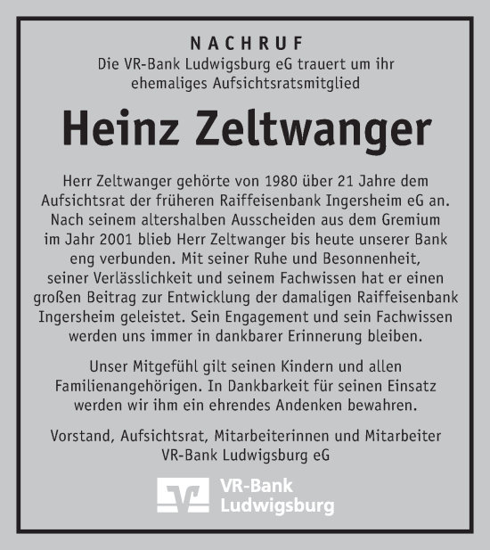 Traueranzeige von Heinz Zeltwanger von Bietigheimer Zeitung