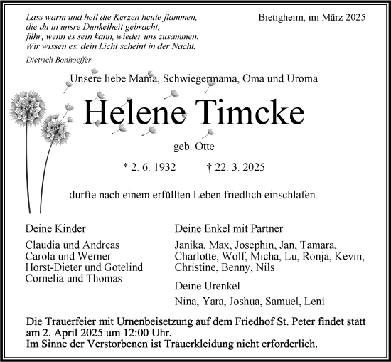 Traueranzeige von Helene Timcke von Bietigheimer Zeitung