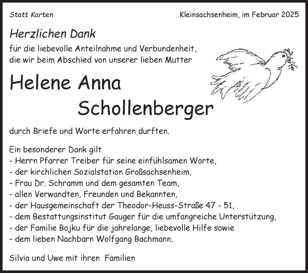  Traueranzeige für Helene Anna Schollenberger vom 04.03.2025 aus Bietigheimer Zeitung