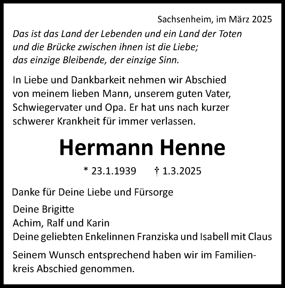  Traueranzeige für Hermann Henne vom 07.03.2025 aus Bietigheimer Zeitung