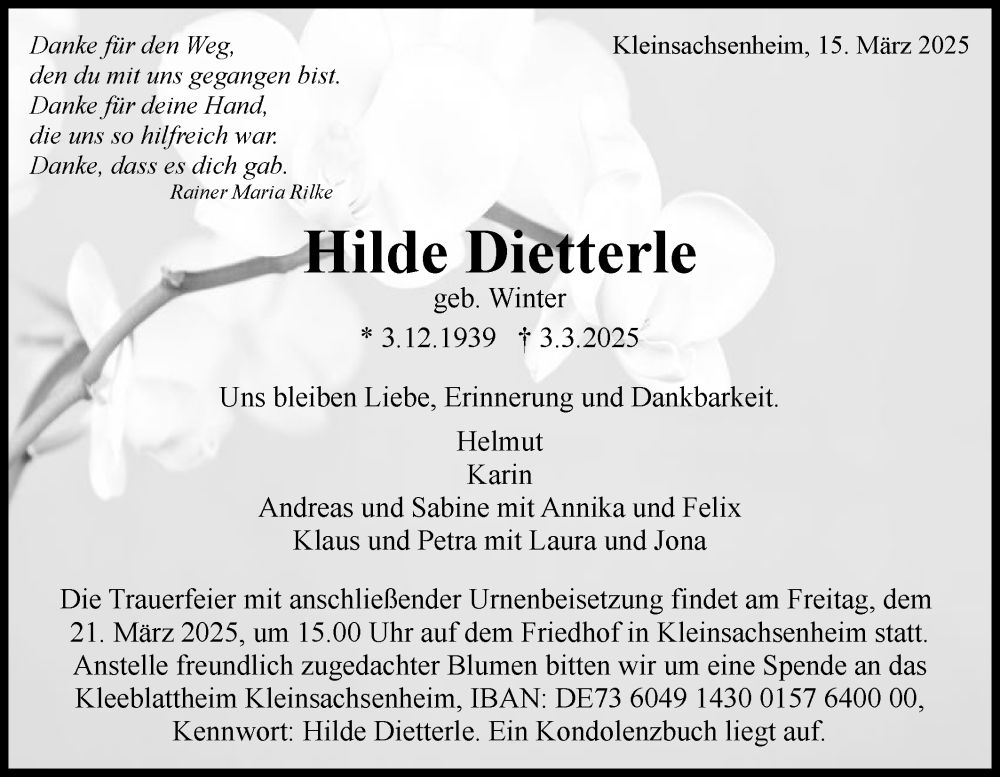  Traueranzeige für Hilde Dietterle vom 15.03.2025 aus Bietigheimer Zeitung