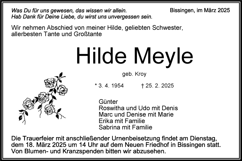  Traueranzeige für Hilde Meyle vom 15.03.2025 aus Bietigheimer Zeitung