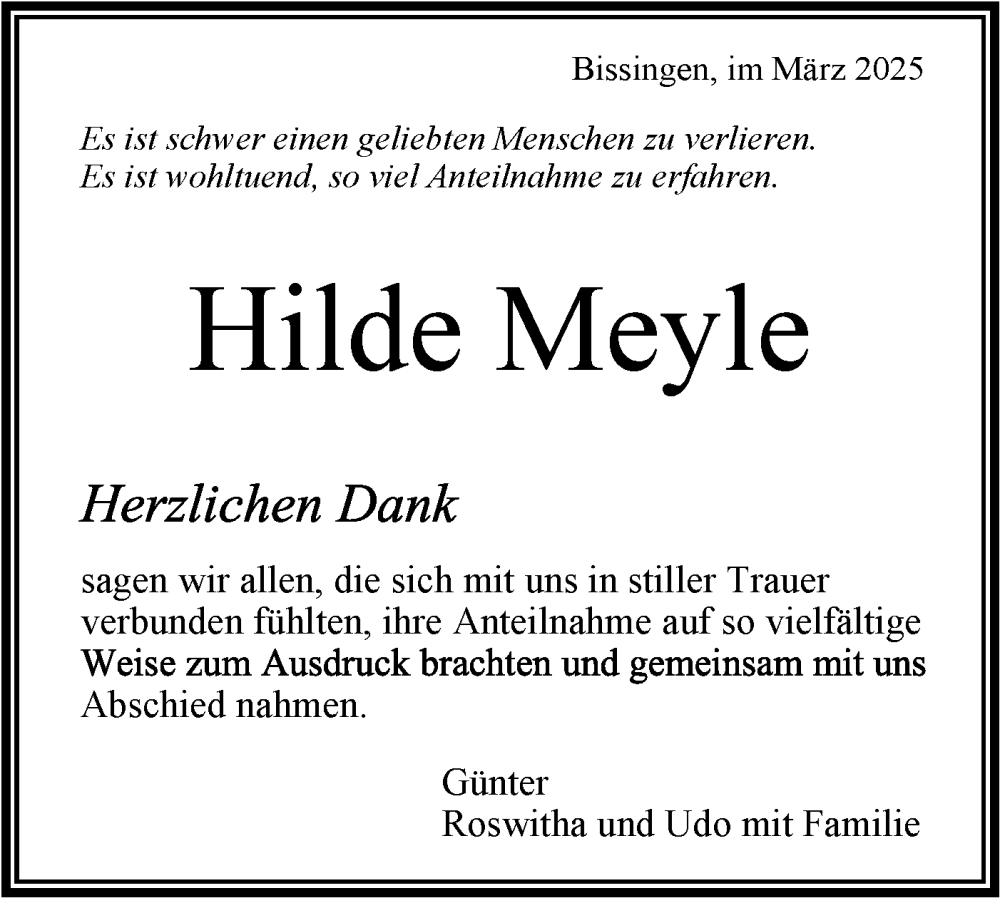  Traueranzeige für Hilde Meyle vom 22.03.2025 aus Bietigheimer Zeitung