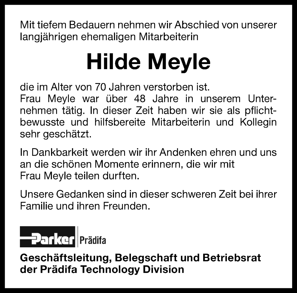  Traueranzeige für Hilde Meyle vom 15.03.2025 aus Bietigheimer Zeitung