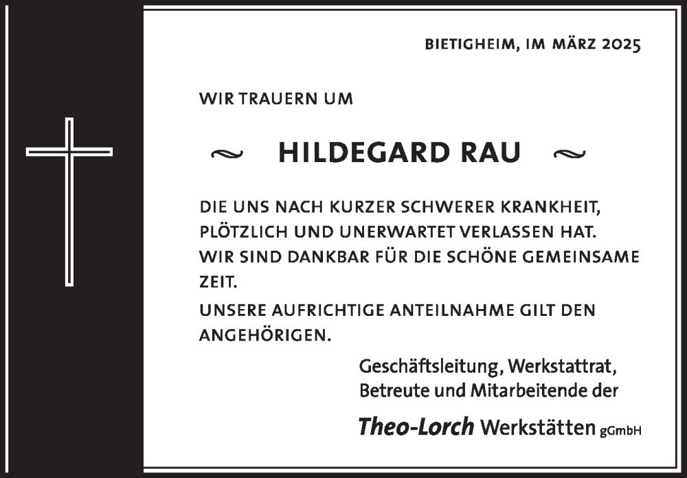  Traueranzeige für Hildegard Rau vom 25.03.2025 aus Bietigheimer Zeitung
