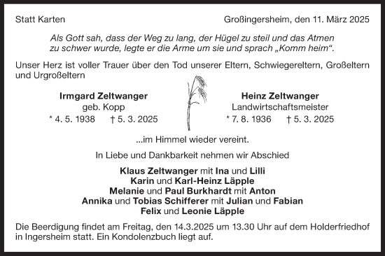 Traueranzeige von Irmgard Zeltwanger von Bietigheimer Zeitung