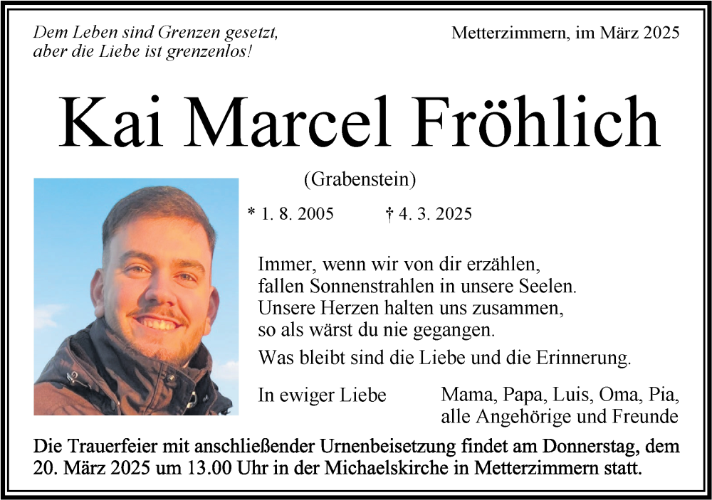  Traueranzeige für Kai Marcel Fröhlich vom 15.03.2025 aus Bietigheimer Zeitung