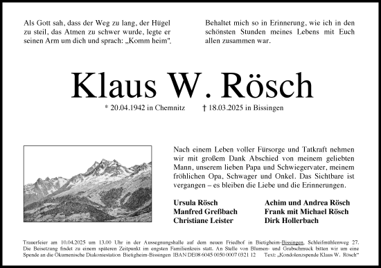 Traueranzeige von Klaus W. Rösch von Bietigheimer Zeitung