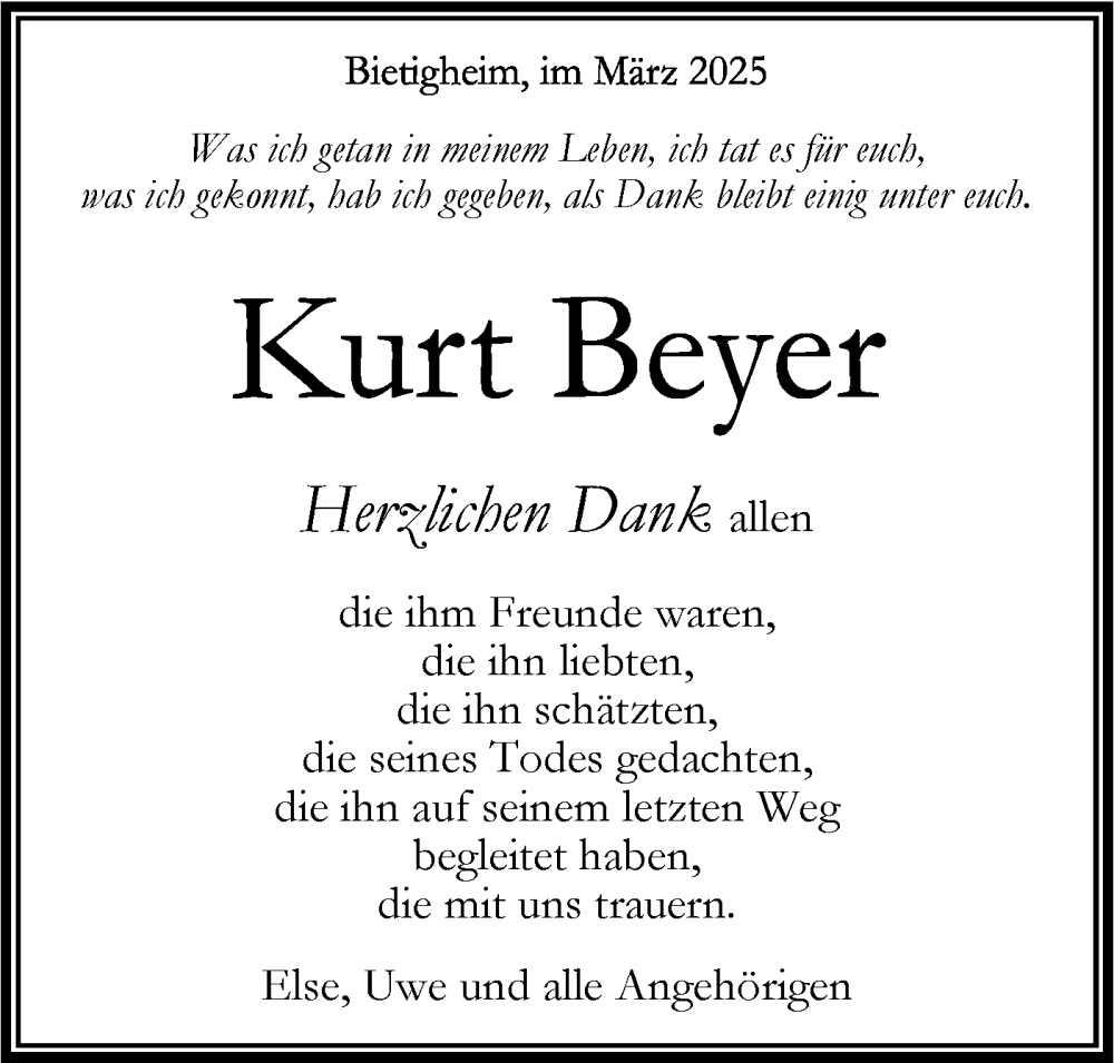  Traueranzeige für Kurt Beyer vom 08.03.2025 aus Bietigheimer Zeitung