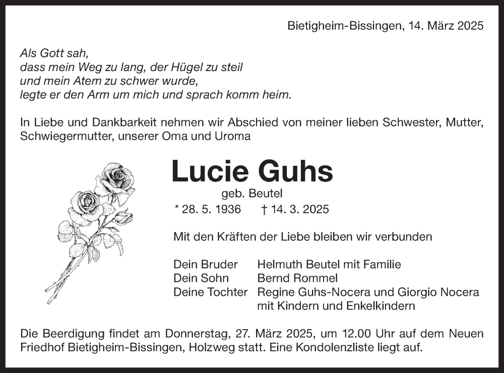  Traueranzeige für Lucie Guhs vom 19.03.2025 aus Bietigheimer Zeitung