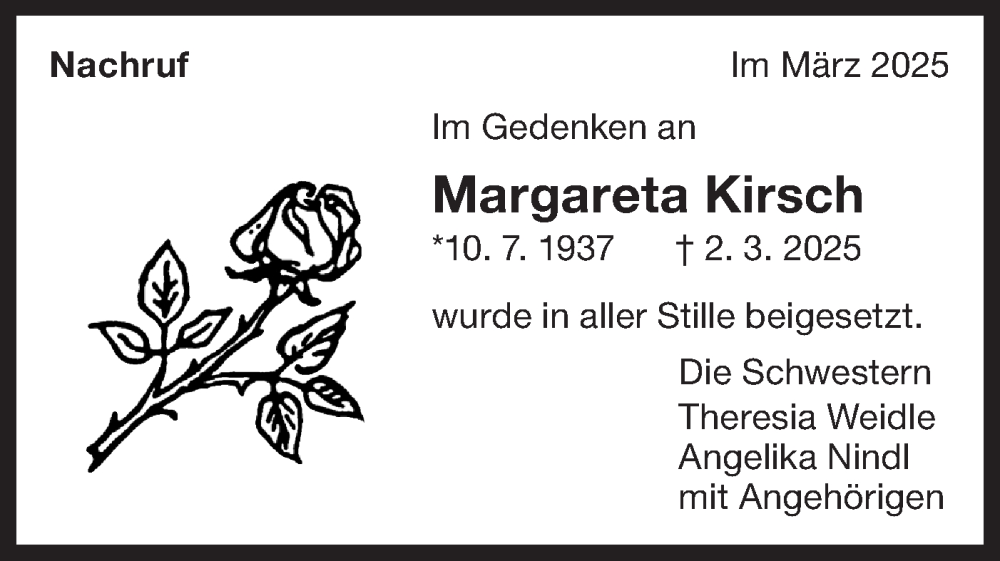  Traueranzeige für Margareta Kirsch vom 29.03.2025 aus Bietigheimer Zeitung