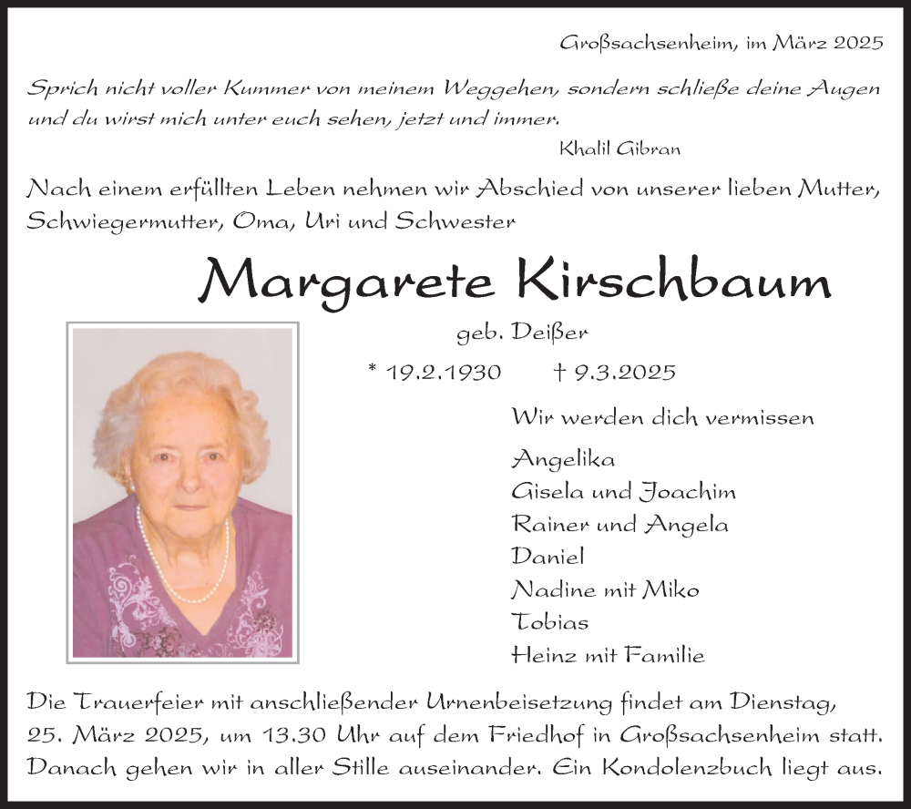  Traueranzeige für Margarete Kirschbaum vom 20.03.2025 aus Bietigheimer Zeitung
