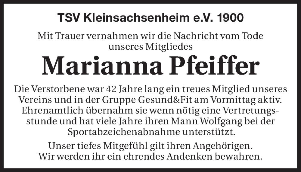 Traueranzeige für Marianna Pfeiffer vom 01.04.2025 aus Bietigheimer Zeitung