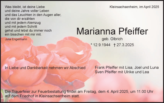 Traueranzeige von Marianna Pfeiffer von Bietigheimer Zeitung