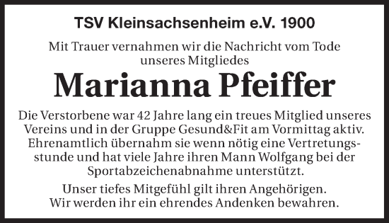 Traueranzeige von Marianna Pfeiffer von Bietigheimer Zeitung