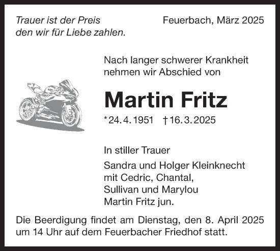 Traueranzeige von Martin Fritz von Bietigheimer Zeitung