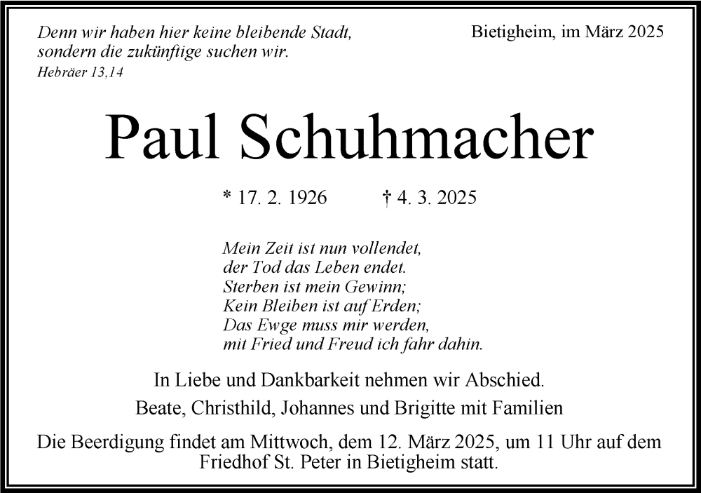  Traueranzeige für Paul Schuhmacher vom 08.03.2025 aus Bietigheimer Zeitung